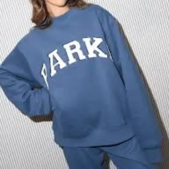 Parke Varsity Pullover Sweatshirt Blue Mockneck Lettering Patch - Picture 1 of 7